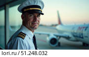 Captain in uniform with airport runway background. Authoritative yet approachable look with free space for airline promotional content or safety messages. Стоковое AI-изображение, AI-художник Светлана Леуто / Фотобанк Лори