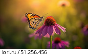 Beautiful butterfly feeding on purple coneflower in golden sunlight. Стоковое фото, фотограф David Kashakhi / Фотобанк Лори