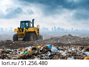 Heavy Machinery at Work on a Waste Landfill Site Under a Stormy Sky with a City Skyline in the Background. Стоковое AI-изображение, AI-художник Башкирова Анна / Фотобанк Лори