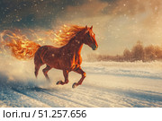 Fiery red horse with mane in snowy forest with light. Стоковое AI-изображение, AI-художник Irina Kuchugurina/Gaudy / Фотобанк Лори