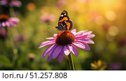 Butterfly is standing on a purple coneflower in a sunny garden. Стоковое фото, фотограф David Kashakhi / Фотобанк Лори