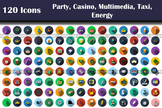 120 Icons Of Party, Casino, Multimedia, Taxi, Energy. Flat Design With Long Shadow. Vector illustration. Стоковая иллюстрация, агентство Ingram Publishing / Фотобанк Лори