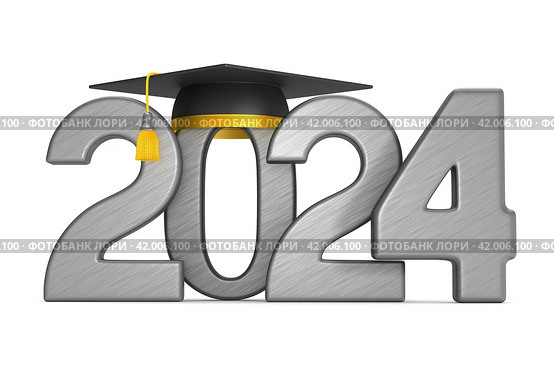 2024 year and graduation cap on white background. Isolated 3D illustration. Стоковая иллюстрация, иллюстратор Ильин Сергей / Фотобанк Лори