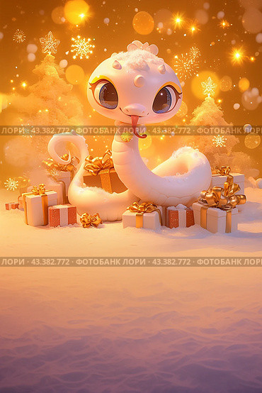 2025 3D cartoon snake is sitting on a pile of presents. The scene is set in a snowy environment, with trees in the background. Scene is festive and playful. Стоковое AI-изображение, AI-художник Ekaterina Ismagilova / Фотобанк Лори