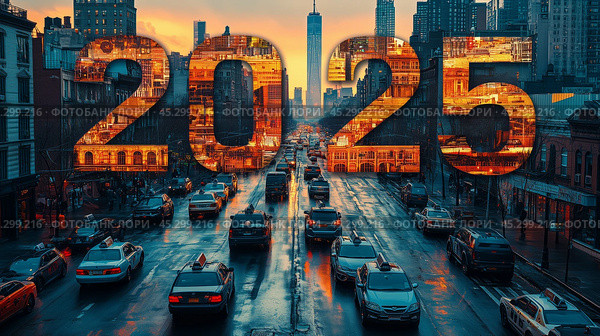 2025 new year. Illuminated 2025 Neon Light Display Against Evening City Backdrop Festivity Celebration Banner Urban Landscape Twilight Glow Vibrant Red Numerals New Year. 3d rendering. Стоковое AI-изображение, AI-художник Елена Зубкова / Фотобанк Лори