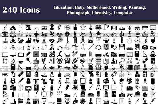 240 Icons Of Education, Baby, Motherhood, Writing, Painting, Photograph, Chemistry, Computer. Fully editable vector illustration. Text expanded. Стоковая иллюстрация, агентство Ingram Publishing / Фотобанк Лори