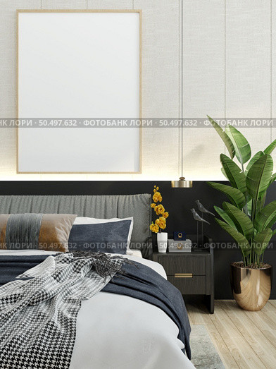 3D illustration Design modern interior bedroom with mockup picture frame on the wall over bed with bedding and cosy furniture, Scandinavian style, 3D rendering. Стоковое фото, агентство Ingram Publishing / Фотобанк Лори