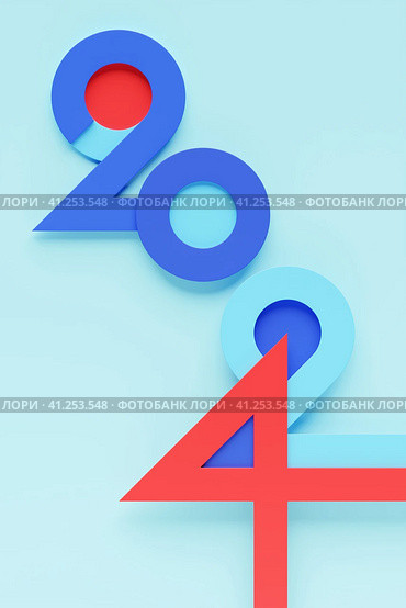 3D illustration inscription 2024 on a blue background. Changeability of years. Illustration of the symbol of the new year. Стоковое фото, фотограф Виталий Сова / Фотобанк Лори
