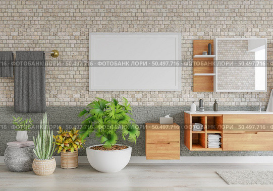 3D illustration luxury bathroom in dry Zone, mockup photo frame on beautiful the wall, Decorated with wooden shelf and cabinet with plant in pot, rendering. Стоковое фото, агентство Ingram Publishing / Фотобанк Лори