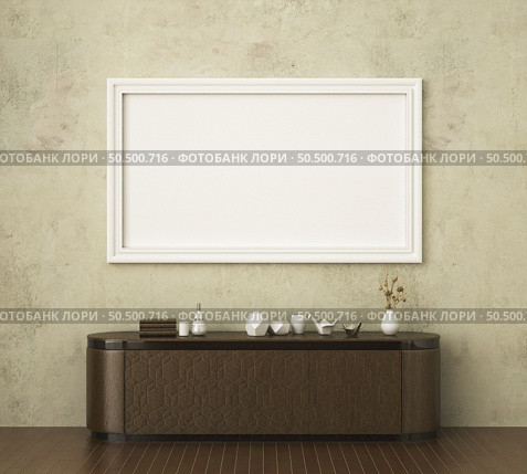 3D illustration mockup photo frame on the wall over cabinet, Decorated with scandinavian style interior and natural rendering. Стоковое фото, агентство Ingram Publishing / Фотобанк Лори