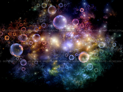 3D illustration of fractal spheres and lights on the subject of elementary particle creation, space physics, astrophysics, education and virtual reality. Стоковое фото, агентство Ingram Publishing / Фотобанк Лори