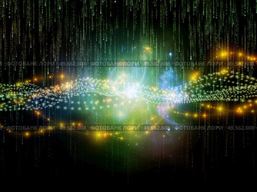 3D Illustration of virtual space using fractal grids and lights with overlay of matrix numbers on the subject of mathematics, geometry, science, education and communication technology. Стоковое фото, агентство Ingram Publishing / Фотобанк Лори
