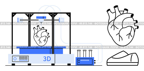 3D printer creating a human heart model. Nearby are test tubes and a control unit. Ideal for healthcare, education, technology, innovation, bioengineering, scientific research, and medical training. 3D Printer Creating Human Heart Model with Detailed Arteries for Medical and Educational Purposes. Стоковая иллюстрация, агентство Ingram Publishing / Фотобанк Лори