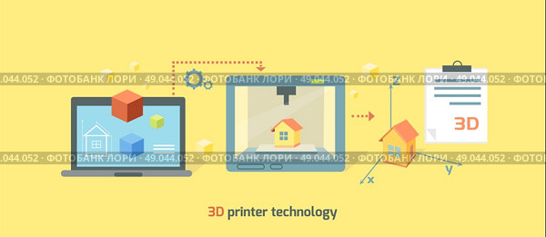 3D printer technology icon flat design. Future manufacturing, innovation prototype machine, product print on computer, process tech printing model, smart engineering illustration. Стоковая иллюстрация, агентство Ingram Publishing / Фотобанк Лори