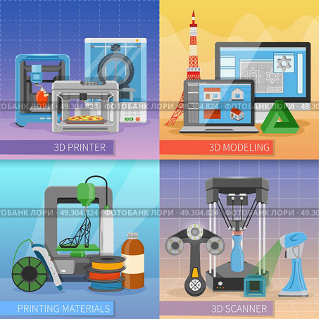 3D Printing 2x2 Design Concept . 3D printing 2x2 design concept with modeling scanner consumables and printer modifications compositions flat vector illustration. Стоковая иллюстрация, агентство Ingram Publishing / Фотобанк Лори