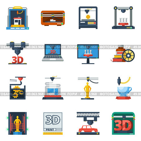 3D Printing Flat Icons Collection . Innovative technologies 3d printing industry service flat icons collection for creating prototypes models abstract isolated vector illustration. Стоковая иллюстрация, агентство Ingram Publishing / Фотобанк Лори