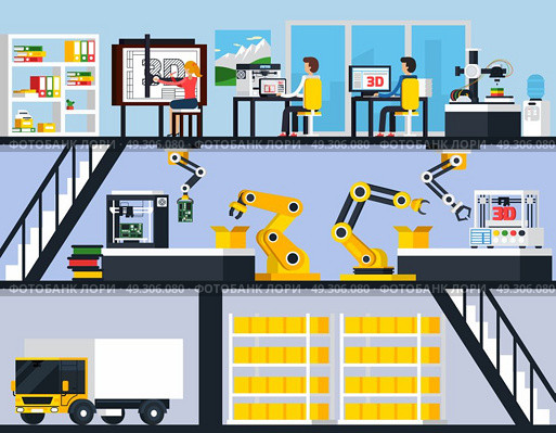 3D Printing Horizontal Compositions. 3D printing horizontal compositions with equipment and technical staff engaged in development and modeling flat vector illustration. Стоковая иллюстрация, агентство Ingram Publishing / Фотобанк Лори