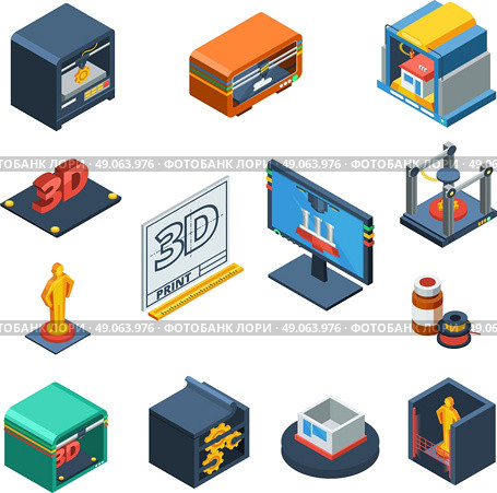3D Printing Isometric Icons Collection . 3D printing technological process isomeric icons with software prototype scanning and object manufacturing abstract isolated vector illustration. Стоковая иллюстрация, агентство Ingram Publishing / Фотобанк Лори