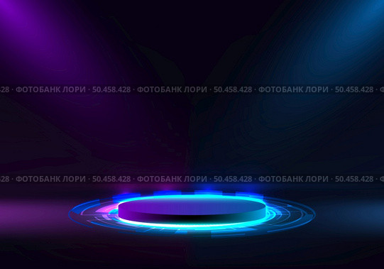 3D purple and blue neon glowing light podium platform pedestal stand cylinder shape display with HUD elements on dark background technology digital style. Blank display, stage of magic portal for show product in futuristic cyberpunk. Vector illustration. Стоковая иллюстрация, агентство Ingram Publishing / Фотобанк Лори