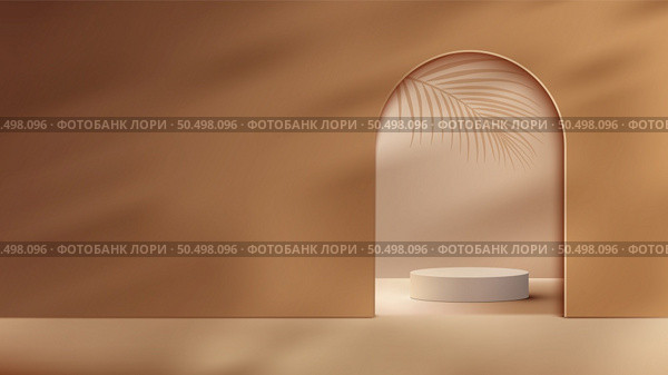 3D realistic beige podium stand pedestal on brown background with door partition and tropical palm leaves shadows. You can use for product display presentation, cosmetic display mockup, showcase, etc. Vector illustration. Стоковая иллюстрация, агентство Ingram Publishing / Фотобанк Лори