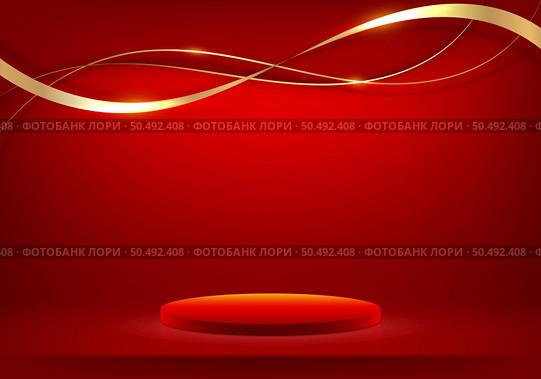 3D realistic red podium with red color wave lines with shiny golden curved line decoration and glitter lighting on gradient red background luxury style. Vector illustration. Стоковая иллюстрация, агентство Ingram Publishing / Фотобанк Лори
