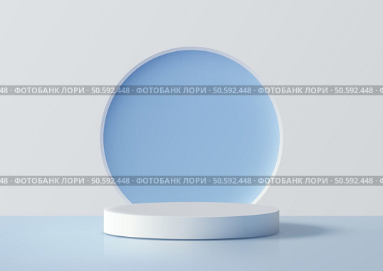 3d white cylindrical pedestal sits on a light blue surface, framed by a soft circle minimal mockup for product display, advertising, or showcase presentations in a clean modern style. Стоковая иллюстрация, агентство Ingram Publishing / Фотобанк Лори