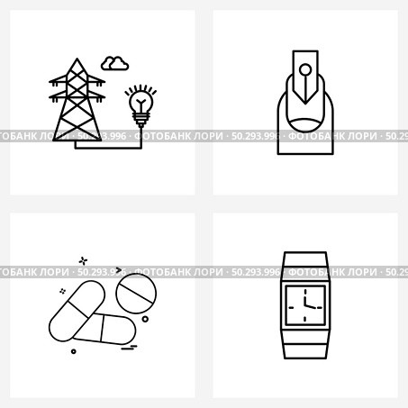 4 Universal Line Icon Pixel Perfect Symbols of power supply, pills, art, manicure, madison Vector Illustration. Стоковая иллюстрация, агентство Ingram Publishing / Фотобанк Лори