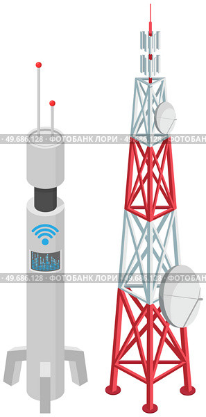 5G network technology. Communication tower wireless high speed internet. Base station, mobile data tower, cellular equipment, telecommunication signal transmitter, antenna. Connection equipment. 5G network technology. Communication tower wireless high speed internet. Connection equipment. Стоковая иллюстрация, агентство Ingram Publishing / Фотобанк Лори
