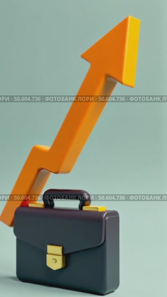 A 3D icon of a rising stock arrow with a briefcase at the base, finance and success metaphor. Стоковое AI-видео, аниматор Sergey Grishin / Фотобанк Лори