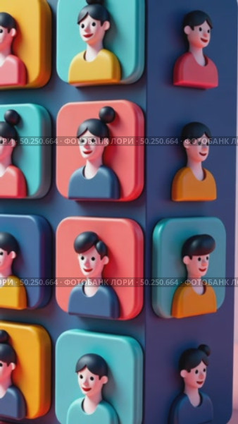 A 3D icon of a video call grid with tiny faces, modern remote work communication style. Стоковое AI-видео, аниматор Sergey Grishin / Фотобанк Лори