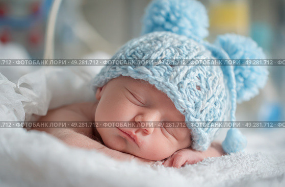 A baby is sleeping with a blue hat on. Стоковое AI-изображение, AI-художник Ярославский Максим / Фотобанк Лори