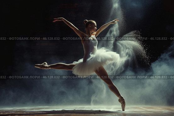 A ballet dancer performs an elegant leap in a smoky environment with powdered effects at a studio during a nighttime practice session. Стоковое AI-изображение, AI-художник Sergey Grishin / Фотобанк Лори