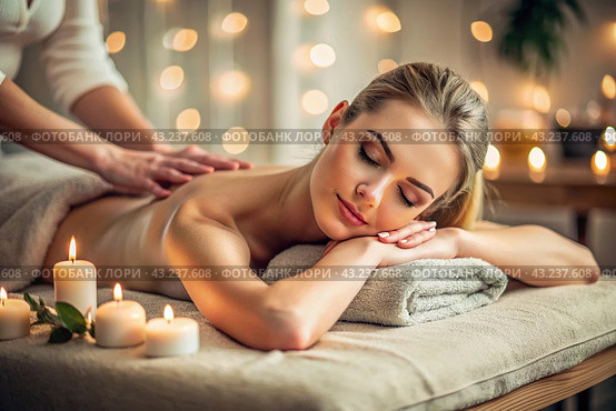 A banner for professional massage parlors. A young, beautiful blonde woman enjoys a massage in a modern spa by candlelight. Relaxation and harmony, body care. Стоковое AI-изображение, AI-художник Photojuli / Фотобанк Лори