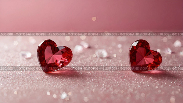 A banner for Valentine's Day. Crystal red hearts with festive lights in the form of a side in the background. A mock-up of an invitation card for a Valentine's Day party, a place to copy. Стоковое AI-изображение, AI-художник Photojuli / Фотобанк Лори