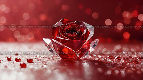 A banner for Valentine's Day. Crystal red hearts with festive lights in the form of a side in the background. A mock-up of an invitation card for a Valentine's Day party, a place to copy. Стоковое AI-изображение, AI-художник Photojuli / Фотобанк Лори