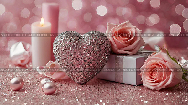 A banner for Valentine's Day. Pink heart and roses with festive lights on the sides in the background. A mock-up of an invitation card for a Valentine's Day party, a place to copy. Стоковое AI-изображение, AI-художник Photojuli / Фотобанк Лори