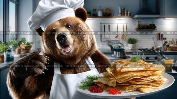 A bear chef is holding a plate of pancakes. Стоковое AI-изображение, AI-художник Ярославский Максим / Фотобанк Лори
