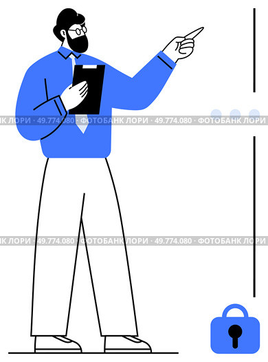 A bearded man in blue shirt with clipboard points towards a lock symbol. Ideal for business presentations cybersecurity training instructional materials digital security IT education. Minimalistic. Professional Man Advising Secure Access with Clipboard and Lock Symbol. Стоковая иллюстрация, агентство Ingram Publishing / Фотобанк Лори