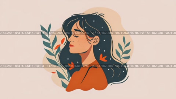 A beautiful and calming illustration features a woman with long hair, surrounded by vibrant leaves and soft colors, conveying tranquility. Стоковое AI-видео, аниматор Данила Большаков / Фотобанк Лори