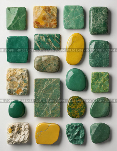 A beautiful assortment of unakite mineral stones, showcasing their diverse textures and hues. These stunning metamorphic rocks capture natures artistry in a captivating display Generative AI. Стоковое AI-изображение, AI-художник Юлия Петровская / Фотобанк Лори