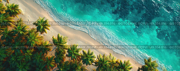 A beautiful beach with palm trees and a blue ocean. Стоковое AI-изображение, AI-художник Ярославский Максим / Фотобанк Лори