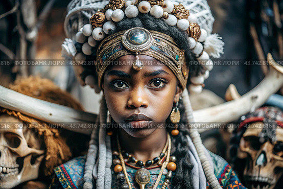 A beautiful black African girl in a traditional African national costume. Against the background of bones. The portrait symbolizes the traditions, culture and beauty of the African people. Стоковое AI-изображение, AI-художник Photojuli / Фотобанк Лори