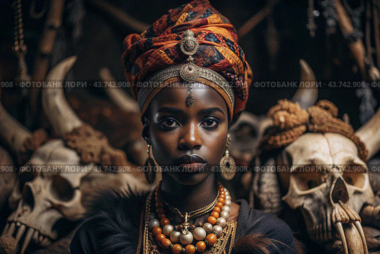 A beautiful black African girl in a traditional African national costume. Against the background of bones. The portrait symbolizes the traditions, culture and beauty of the African people. Стоковое AI-изображение, AI-художник Photojuli / Фотобанк Лори