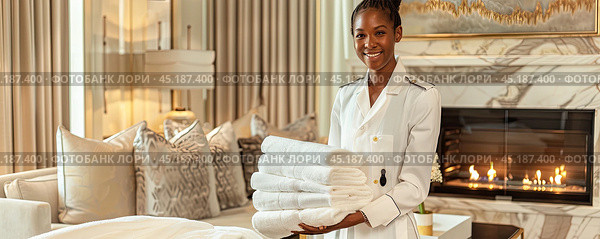 A beautiful black maid prepares clean towels in the bedroom of a luxury hotel. Стоковое AI-изображение, AI-художник Ярославский Максим / Фотобанк Лори