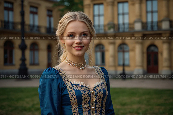 A beautiful blonde girl in a 19th century dress in an old palace. Стоковое AI-изображение, AI-художник Александр Поташев / Фотобанк Лори