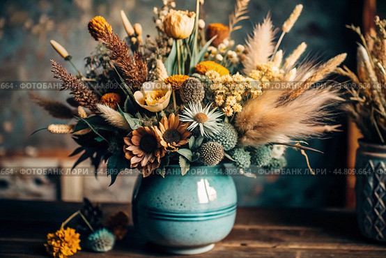 A beautiful bouquet of dried flowers in a ceramic vase on an antique wooden chest of drawers. A bouquet of flowers in a vase in a home interior. Light, beige, blue floral background. Стоковое AI-изображение, AI-художник Photojuli / Фотобанк Лори