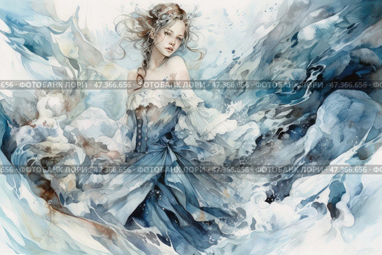 A beautiful girl in a light, airy dress of cold shades - white, blue, gray-blue. Her image seems to dissolve in the flow of the water element or a whirlwind of snow and ice. She seems magical, almost ephemeral - like the spirit of water, winter or dreams. Her gaze is thoughtful and soft, her hair flutters, emphasizing the movement and lightness of the entire scene. The artistic style is refined, romantic and poetic. Стоковое AI-изображение, AI-художник Анна Кривицкая / Фотобанк Лори
