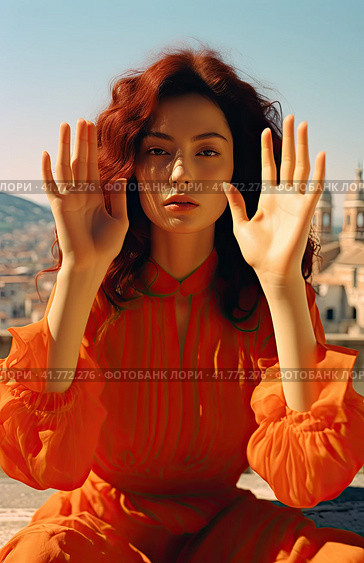 A beautiful girl in a red shirt and with red hair holds her hands up in front of her face . Стоковое AI-изображение, AI-художник Ярославский Максим / Фотобанк Лори