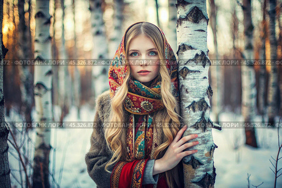 A beautiful girl in a traditional Russian folk shawl in a winter birch grove. The portrait symbolizes the traditions and beauty of the Russian people. Стоковое AI-изображение, AI-художник Photojuli / Фотобанк Лори