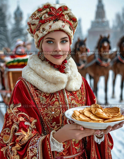 A beautiful girl in national dress treats with pancakes on Maslenitsa. Maslenitsa week. Стоковое AI-изображение, AI-художник Сергей Елизарьев / Фотобанк Лори